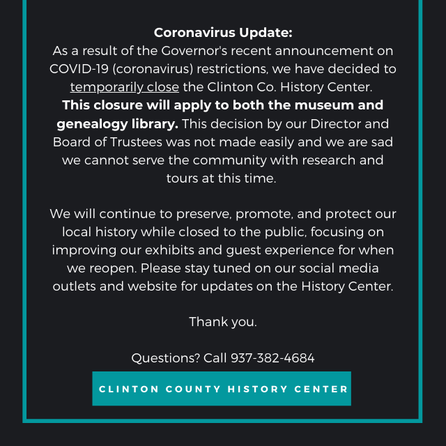 Reminder: History Center Closed For COVID-19