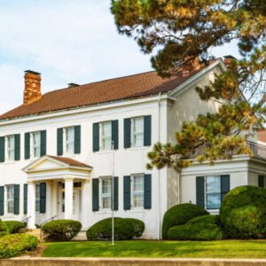 Classic architecture surrounded by lush greenery