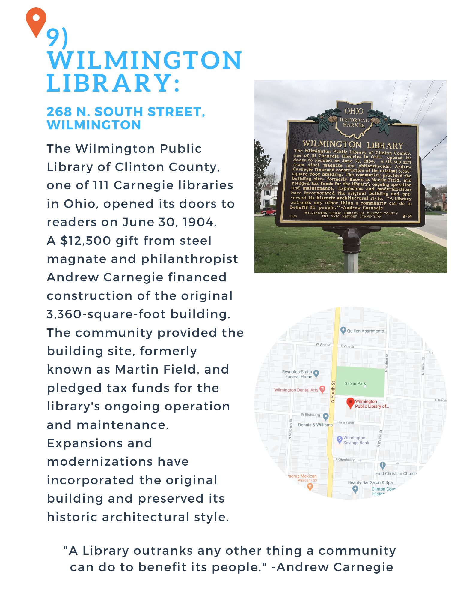 Historic plaque outside Carnegie Library in Washington, PA, detailing its origins and significance.