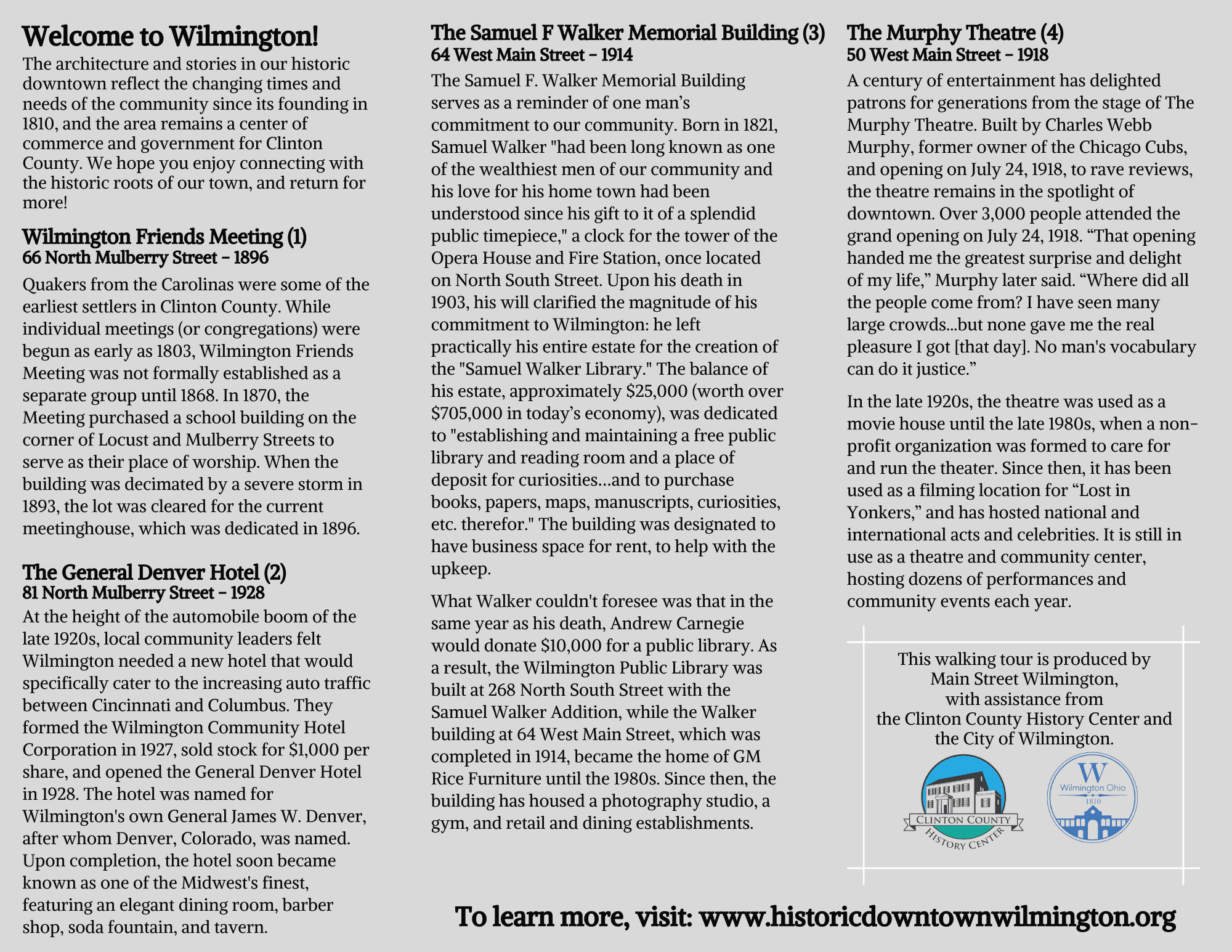 Informational flyer about Wilmington's historical buildings and heritage.
