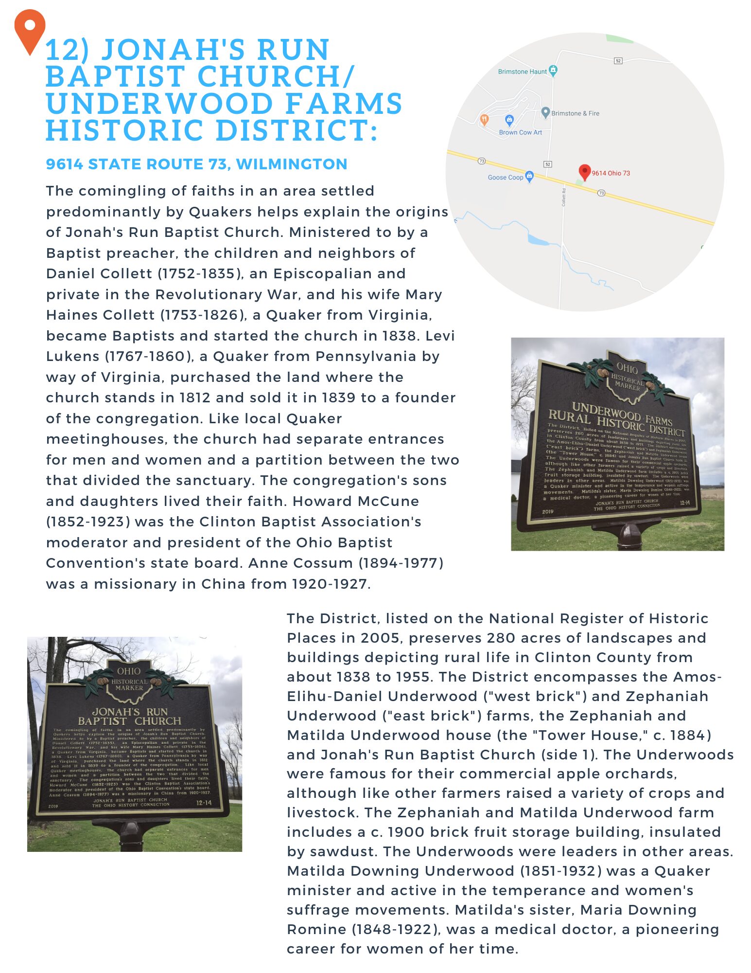Historic district marker with detailed text and a small map inset.