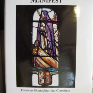 Stained glass window depicting a robed figure and a seated person beneath an arch.