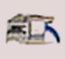 A handheld staple gun with a blue handle and metallic body.