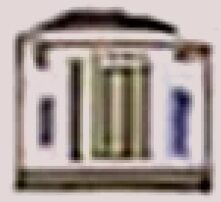 Blurry image of a rectangular object with vertical lines and a blue shape.