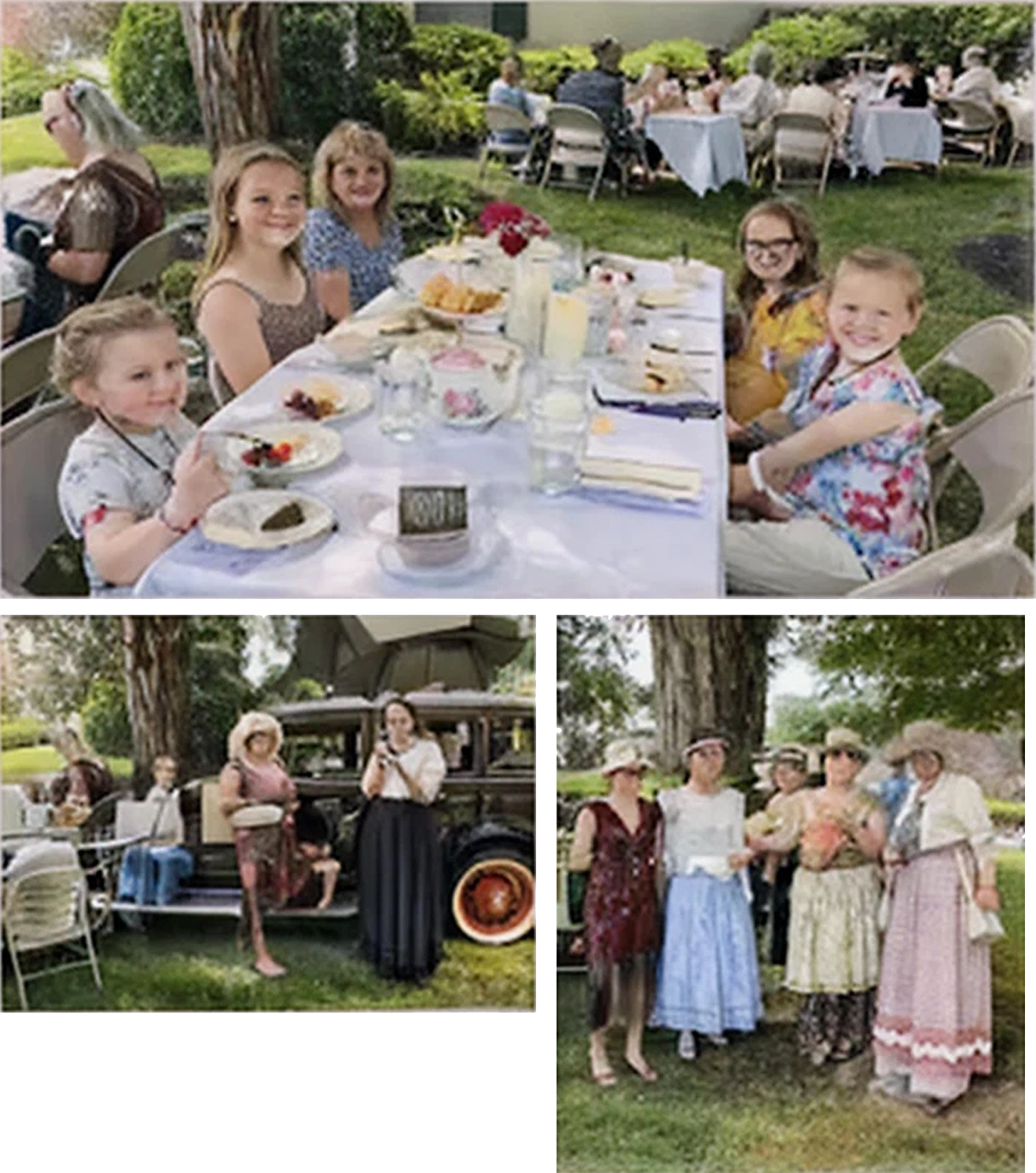Children enjoying a vintage-themed outdoor tea party with classic decor and costumes.